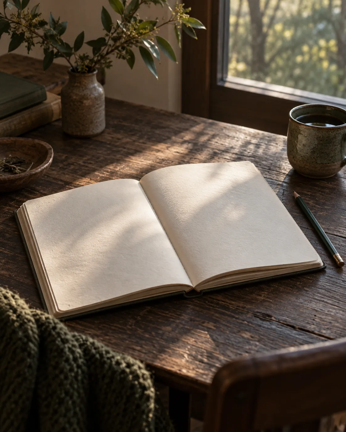 Open journal on a wooden table