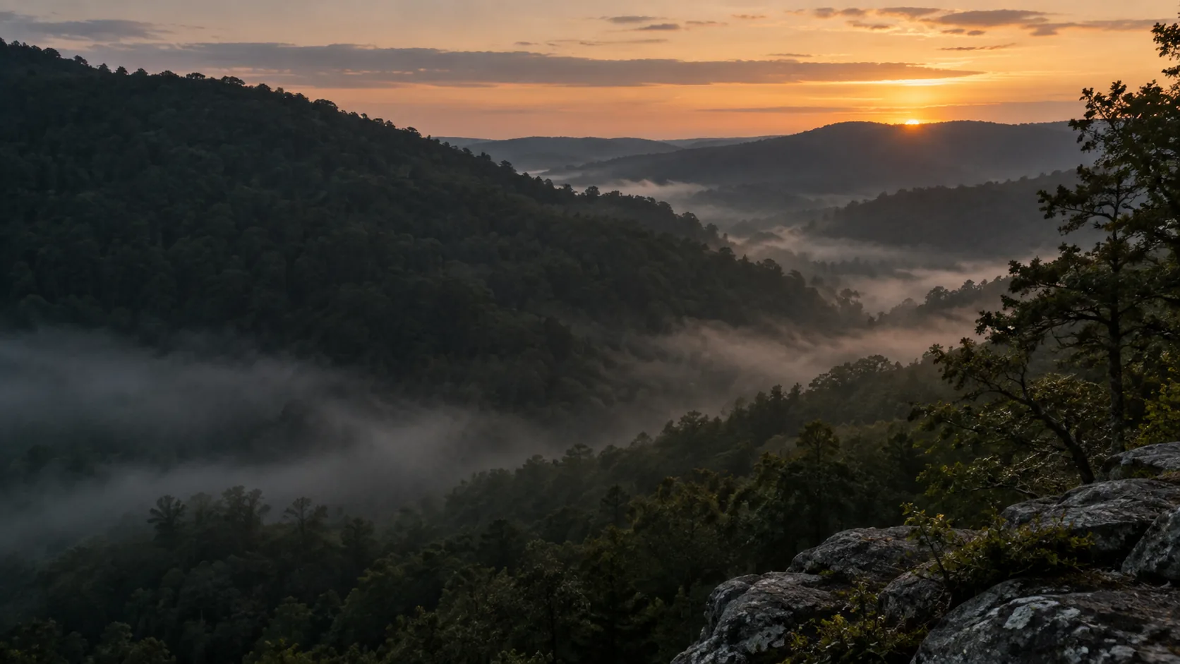 Misty wooded ridge at sunrise